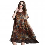 Loose Long Floral Printed Chiffon Dress Short Sleeve Summer Layered Midi Dresses Plus Size Women Clothing xl,2xl,3xl,4xl