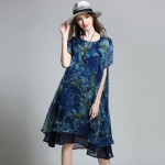 Loose Long Floral Printed Chiffon Dress Short Sleeve Summer Layered Midi Dresses Plus Size Women Clothing xl,2xl,3xl,4xl