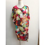 Loose Summer Chiffon Dress Colorful Printed Long Shirt Dress Geometric Graffiti Beach Dresses Loose Casual Women Clothing