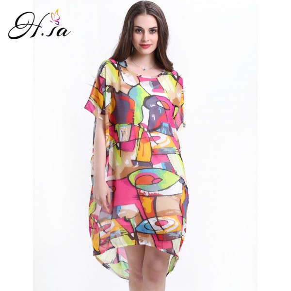 Loose Summer Chiffon Dress Colorful Printed Long Shirt Dress Geometric Graffiti Beach Dresses Loose Casual Women Clothing