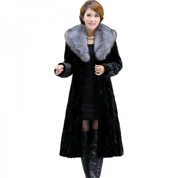 Luxury Genuine Real Piece Mink Fur Coat Jacket Fox Fur Collar Winter Women Fur Outerwear Coats Trench Overcoat 3XL 4XL X-Long