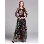 Luxury New Arrival 2018 Spring Women's O Neck Long Sleeves Embroidery Layered Floral Maxi Runway Dresses in 3 Colors