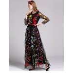 Luxury New Arrival 2018 Spring Women's O Neck Long Sleeves Embroidery Layered Floral Maxi Runway Dresses in 3 Colors