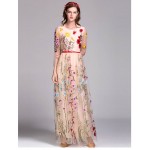 Luxury New Arrival 2018 Spring Women's O Neck Long Sleeves Embroidery Layered Floral Maxi Runway Dresses in 3 Colors