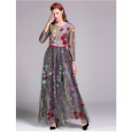 Luxury New Arrival 2018 Spring Women's O Neck Long Sleeves Embroidery Layered Floral Maxi Runway Dresses in 3 Colors