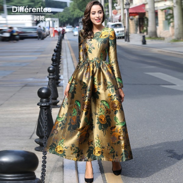 Luxury Vintage Printed Flowers Autumn Maxi Dress Slim Plus Size Women Clothing Muslim Long Sleeve Party Dresses Quality Robe