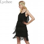 Lychee Bohemia Style Summer Women Spaghetti Strap Dress Bodycon Tassel Layered Party Dress Gatsby Fringe Flapper with Headband