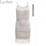 Lychee Bohemia Style Summer Women Spaghetti Strap Dress Bodycon Tassel Layered Party Dress Gatsby Fringe Flapper with Headband