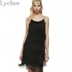 Lychee Bohemia Style Summer Women Spaghetti Strap Dress Bodycon Tassel Layered Party Dress Gatsby Fringe Flapper with Headband