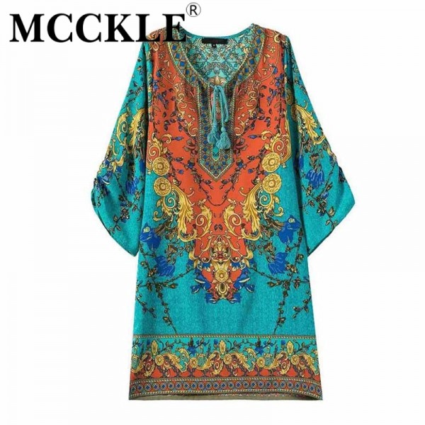 MCCKLE Summer Women Print Party Dress Bohemian half sleeve beach lace-up Casual dress Baroque Mini Straight Beach Dress Boho