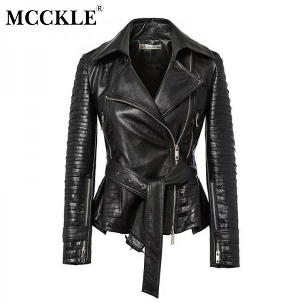 MCCKLE Women's PU Leather Motorcycle Jackets 2017 Autumn Spring turn down collar hi-street woman Harajuku Zipper Jacket Coats