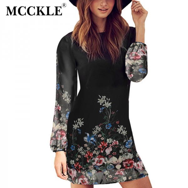 MCCKLE women summer dress flower print hollow out see through mini dresses long sleeve o neck sexy clothing party club wear