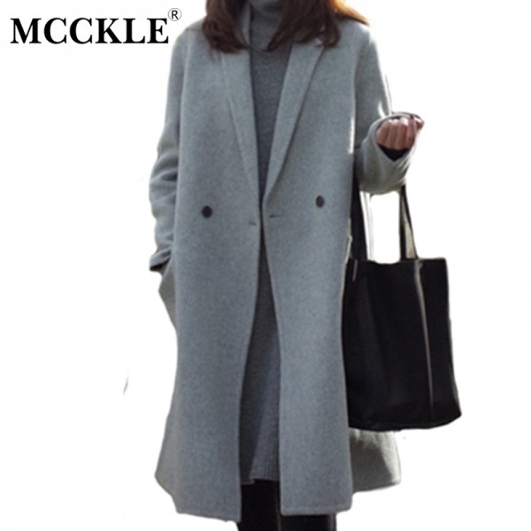 MCCKLE women's elegant long style warm wool blends autumn winter vintage solid coats jackets ladies casual oversized outerwear