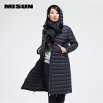 MISUN 2017 duck down coat women brief zippers with a hood wide-waisted long-sleeve thin and light solid long outwear down jacket