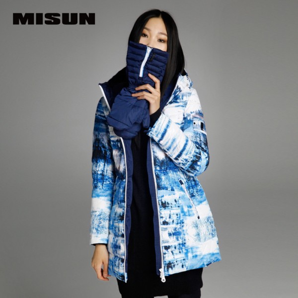 MISUN 2017 duck down coat women slim detachable print gloves with a hood medium-long YKK zippers sashes outwear down jacket