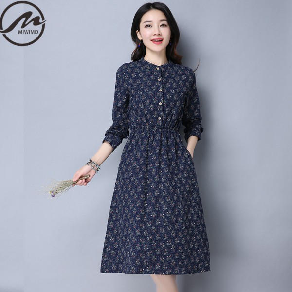 MIWIMD Plus Size Women Spring Dresses 2017 New Fashion Casual Long sleeve print elastic waist Cotton Linen Vintage Long Dress 