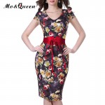 MOQUEEN Floral Summer Dress 2018 Fashion Polyeater Deep V-Neck Vintage Dress Ladies Bodycon Sheath Women Dresses With Belt S-3XL