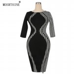 MOSRTOINRE Women Spring Dress 2017 Plus Size XXXL Half Short Sleeve Geometric Plaid Print Office With Zipper Pencil Dress New 