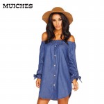 MUICHES 2017 new summer style Button vintage women denim dress long sleeve with Bow off the shoulder Loose fashion mini dresses