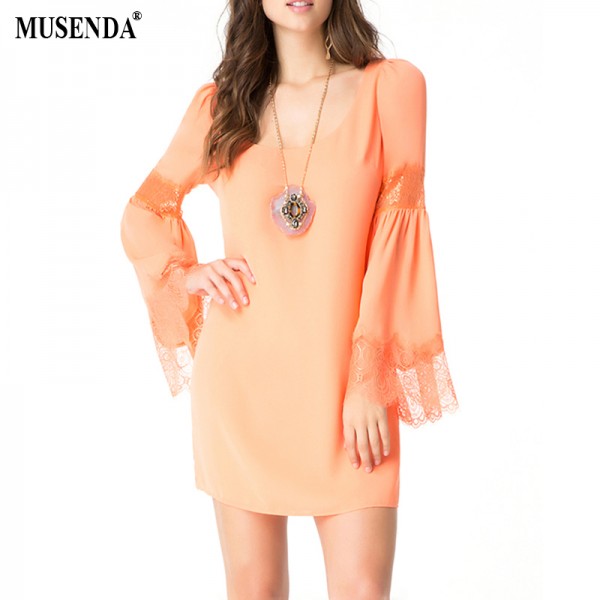 MUSENDA New Women Chiffon Lace Patchwork Long Sleeve Mini Straight Dress Spring&Autumn Fashion Causal Orange Dresses