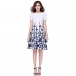 MUSENDA Summer Style Women Casual Party Vintage Blue Print Short Sleeve White Dresses Fit and Flare Draped Knee-Length Dress