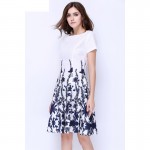 MUSENDA Summer Style Women Casual Party Vintage Blue Print Short Sleeve White Dresses Fit and Flare Draped Knee-Length Dress