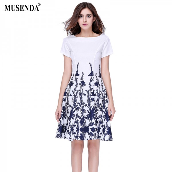 MUSENDA Summer Style Women Casual Party Vintage Blue Print Short Sleeve White Dresses Fit and Flare Draped Knee-Length Dress