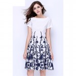 MUSENDA Summer Style Women Casual Party Vintage Blue Print Short Sleeve White Dresses Fit and Flare Draped Knee-Length Dress