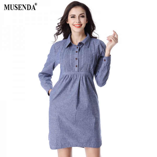 MUSENDA Women 2017 Long Sleeve Denim Dress Casual Fashion Short Dresses Lady Spring Autumn Turn-down Collar Blue Jeans Vestidos