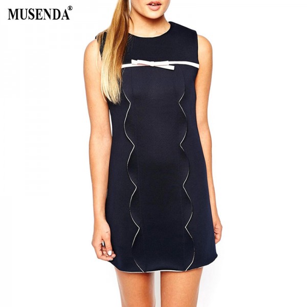 MUSENDA Women Bow Thick Fit Short Straight Dress 2017 Summer Cute Casual Fashion Sweet Dresses Party Navy Blue Sundress Vestidos