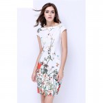 MUSENDA Women Summer Wear to Work Floral Print Slash Neck White Dresses Office Lady Business Party Slim Pencil Knee-Length Dress