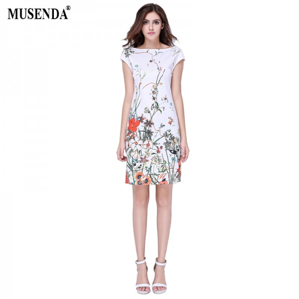 MUSENDA Women Summer Wear to Work Floral Print Slash Neck White Dresses Office Lady Business Party Slim Pencil Knee-Length Dress