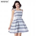 MUSENDA Women White and Blue Striped Square Collar Tank Draped Dress Summer Casual Fashion Cute Party Fit and Flare Dresses