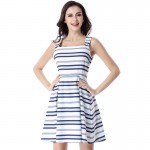 MUSENDA Women White and Blue Striped Square Collar Tank Draped Dress Summer Casual Fashion Cute Party Fit and Flare Dresses