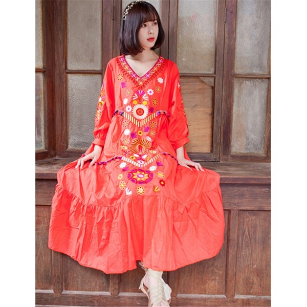 Makuluya New folk style cotton women's V-neck cotton dress embroidered Bohemian seaside travel dresses  LQ-95-98