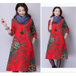 Makuluya autumn winter dresses 2016 plus size dresses thick warm dresses long sleeve round collar linen dresses LYQ-85-52