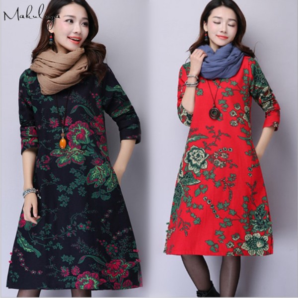 Makuluya autumn winter dresses 2016 plus size dresses thick warm dresses long sleeve round collar linen dresses LYQ-85-52