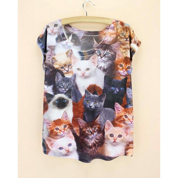 Many cats print tees woman summer t-shirt 2015 newest design short sleeve tops plus size dress for women discount wholesale