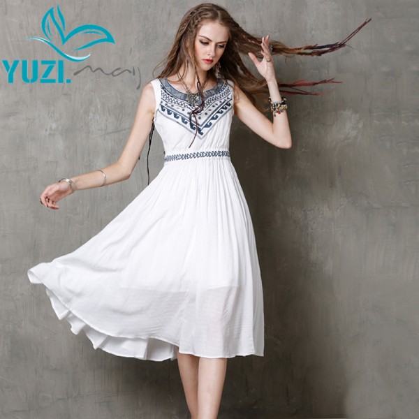 Maxi Summer Dress 2017 Yuzi.may Boho Cotton Dresses Slash Collar Embroidery Sundress White Vestido A8158 Vestidos Femininos