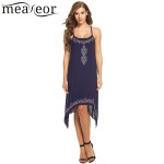 Meaneor Dress Women Casual O-Neck Ethnic Styles Prints Asymmetrical Hem Cami Knee Length Dresses Spaghetti Straps Vestidos 