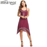 Meaneor Dress Women Casual O-Neck Ethnic Styles Prints Asymmetrical Hem Cami Knee Length Dresses Spaghetti Straps Vestidos 