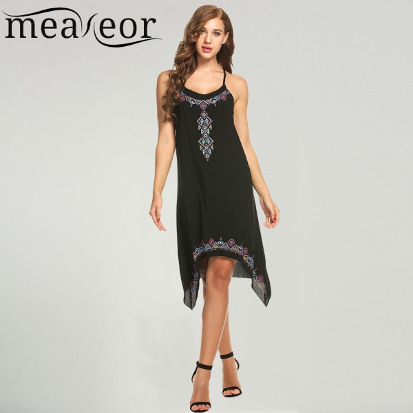 Meaneor Dress Women Casual O-Neck Ethnic Styles Prints Asymmetrical Hem Cami Knee Length Dresses Spaghetti Straps Vestidos 