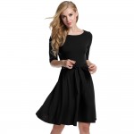 Meaneor New Women Autumn Dress with Cloth Belt Casual O-Neck Half sleeve Vestidos Solid Knee Length Pleated Dress Size S-XXL