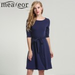 Meaneor New Women Autumn Dress with Cloth Belt Casual O-Neck Half sleeve Vestidos Solid Knee Length Pleated Dress Size S-XXL