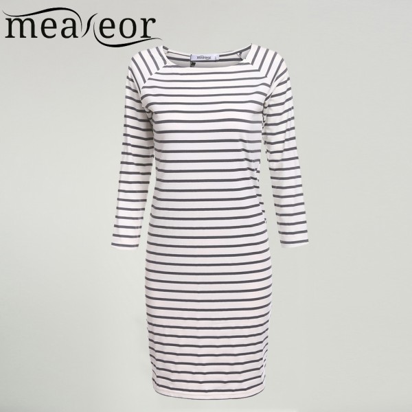 Meaneor Women Autumn Striped Dress Bodycon 3/4 Sleeve Casual Slim Pencil Clothing Black White Gray white Navy Blue White Stripes