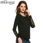 Meaneor Women Pullover Spring Autumn 2017 New Casual O-Neck Long Sleeve  Lace Hollow Out  Solid Feminino Pullover Tops