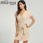 Meaneor Women's Summer Autumn Casual dress V-Neck Batwing Sleeve Solid Lace Up Belted Knee Length Wrap Dress Size S M L XL XXL