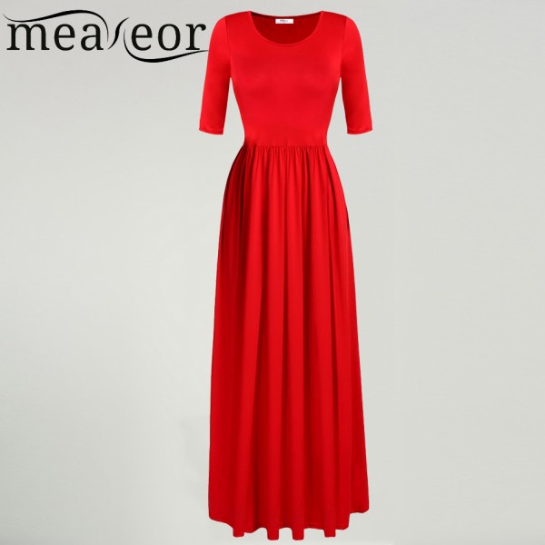 Meaneor women Elegant dress Women Casual Medium Sleeve Maxi dress Solid Party Long Full Dress