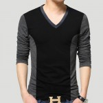 Men Black Gray Patchwork Cotton T-Shirt 2016 V Neck Slim Fitted T Shirt Men Autumn Winter Tops Size M-5XL