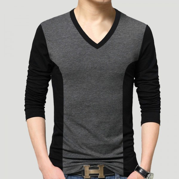 Men Black Gray Patchwork Cotton T-Shirt 2016 V Neck Slim Fitted T Shirt Men Autumn Winter Tops Size M-5XL